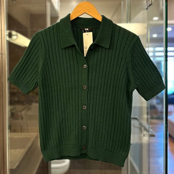 UNIQLO Ribbed Sweater-Knit Polo Short-Sleeve Button-Up Cardigan (Green) - Picture 12 of 16